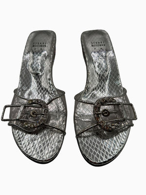 Stuart Weitzman Silver Metallic Crystal Buckle Slide Sandals Block Heel Size 9M