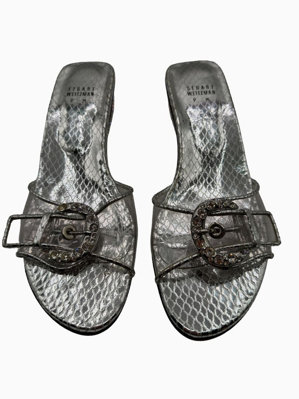Stuart Weitzman Silver Metallic Crystal Buckle Slide Sandals Block Heel Size 9M