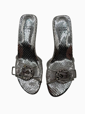 Stuart Weitzman Silver Metallic Crystal Buckle Slide Sandals Block Heel Size 9M