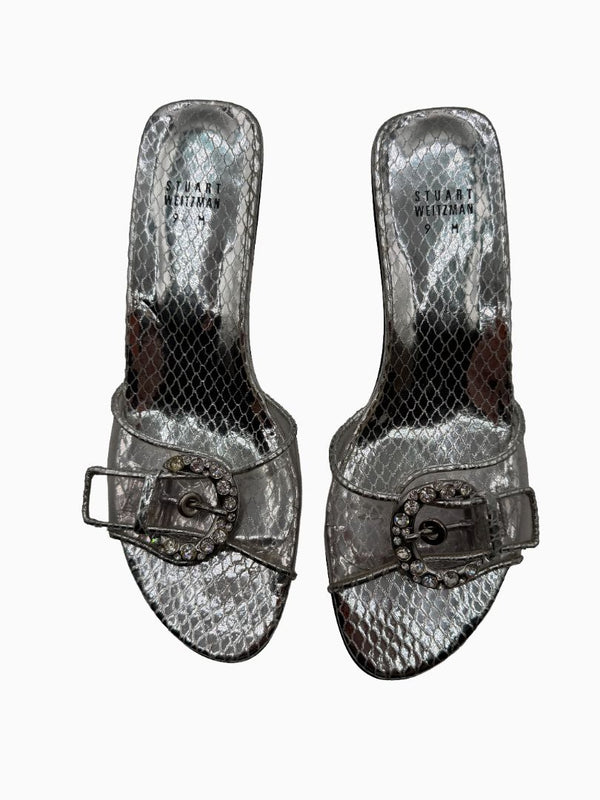 Stuart Weitzman Silver Metallic Crystal Buckle Slide Sandals Block Heel Size 9M