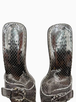 Stuart Weitzman Silver Metallic Crystal Buckle Slide Sandals Block Heel Size 9M