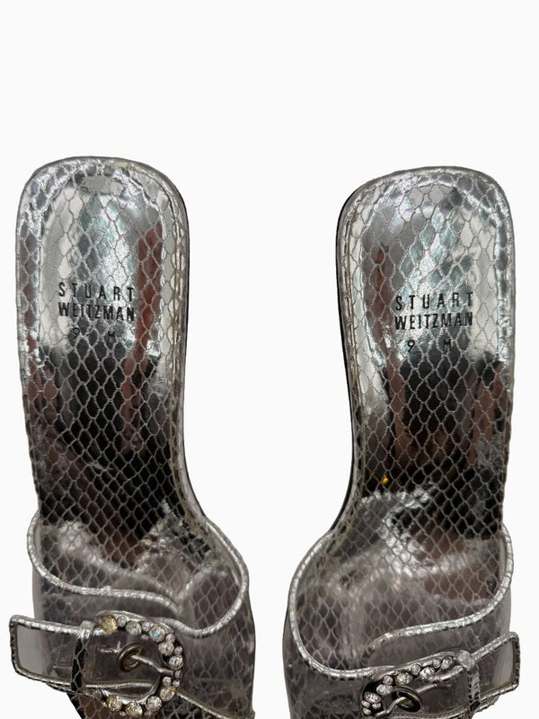 Stuart Weitzman Silver Metallic Crystal Buckle Slide Sandals Block Heel Size 9M