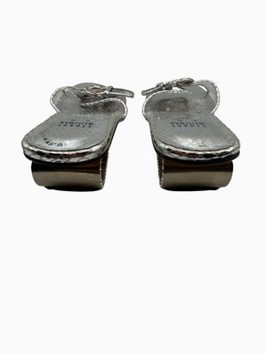 Stuart Weitzman Silver Metallic Crystal Buckle Slide Sandals Block Heel Size 9M
