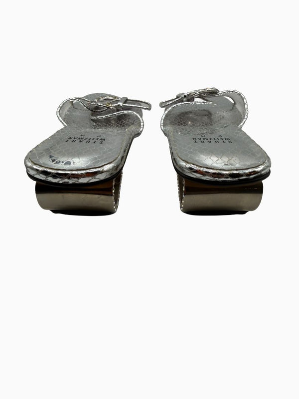 Stuart Weitzman Silver Metallic Crystal Buckle Slide Sandals Block Heel Size 9M