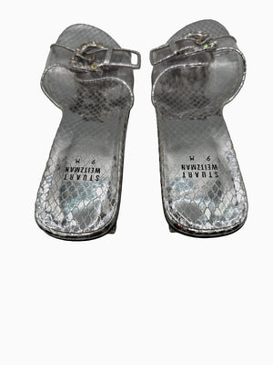 Stuart Weitzman Silver Metallic Crystal Buckle Slide Sandals Block Heel Size 9M