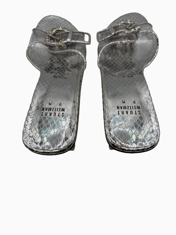 Stuart Weitzman Silver Metallic Crystal Buckle Slide Sandals Block Heel Size 9M