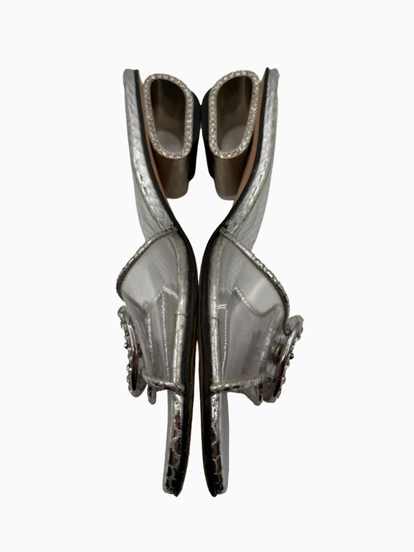 Stuart Weitzman Silver Metallic Crystal Buckle Slide Sandals Block Heel Size 9M