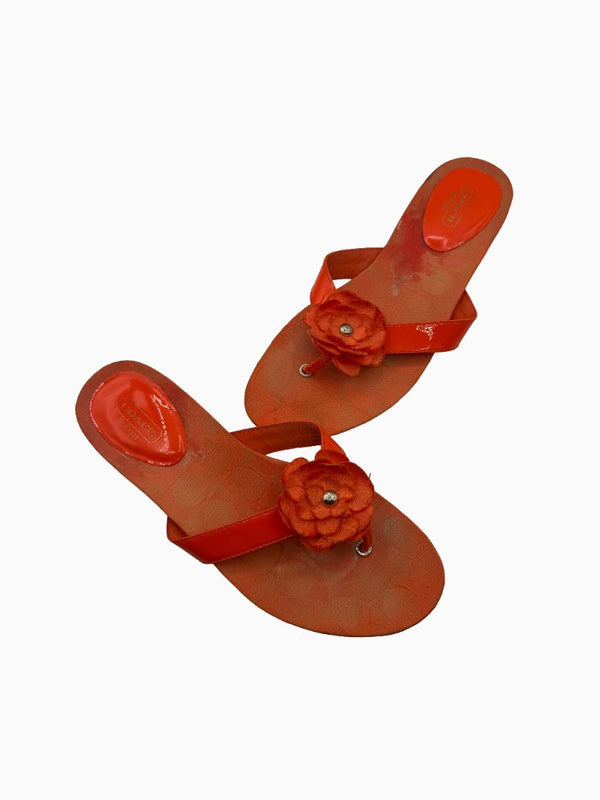 Coach Orange Signature C Floral Thong Flip Flop Sandals Patent Leather Women's 8.5