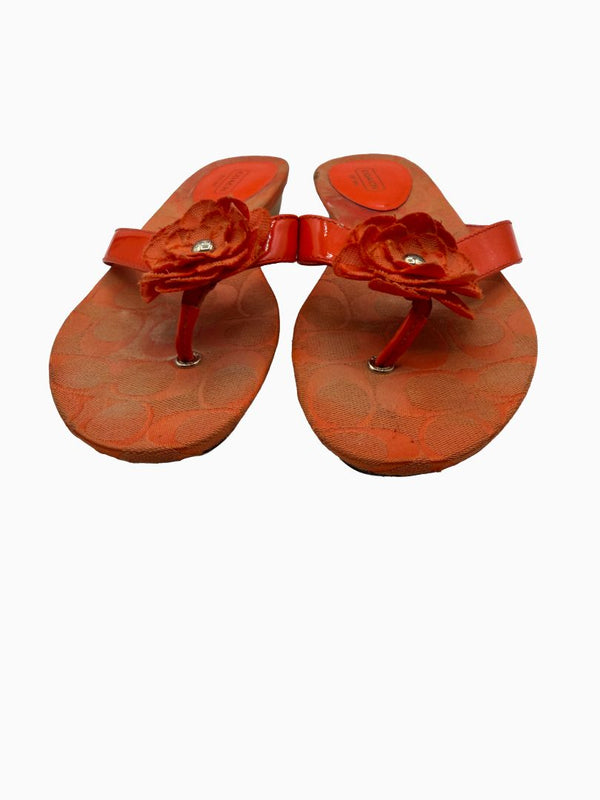 Coach Orange Signature C Floral Thong Flip Flop Sandals Patent Leather Women's 8.5