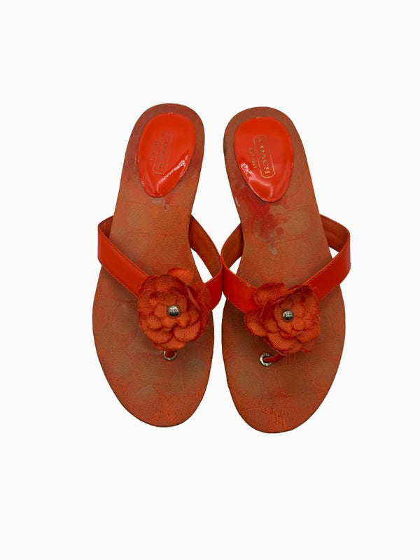 Coach Orange Signature C Floral Thong Flip Flop Sandals Patent Leather Women's 8.5