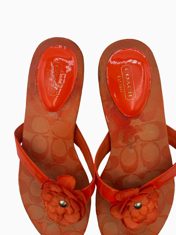 Coach Orange Signature C Floral Thong Flip Flop Sandals Patent Leather Women's 8.5