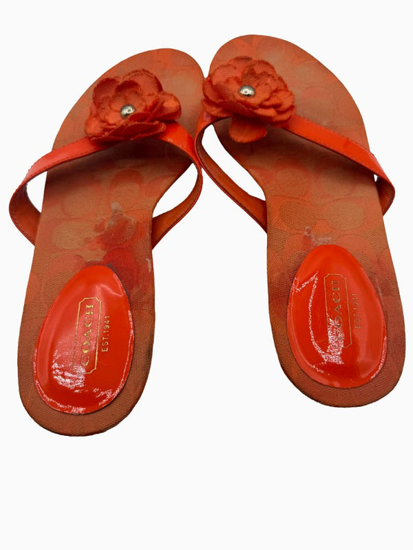 Coach Orange Signature C Floral Thong Flip Flop Sandals Patent Leather Women's 8.5