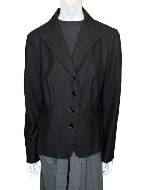 Akris Punto Black Wool-Blend Tailored Blazer with Glossy Trim – Size 14