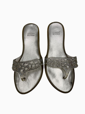 Stuart Weitzman Crystal Jelly Thong Sandals Silver Clear Rhinestone Slides Women's 9