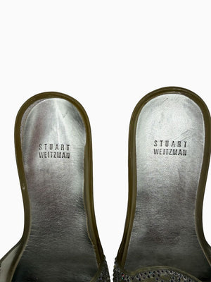Stuart Weitzman Crystal Jelly Thong Sandals Silver Clear Rhinestone Slides Women's 9