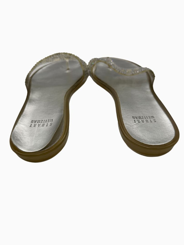 Stuart Weitzman Crystal Jelly Thong Sandals Silver Clear Rhinestone Slides Women's 9