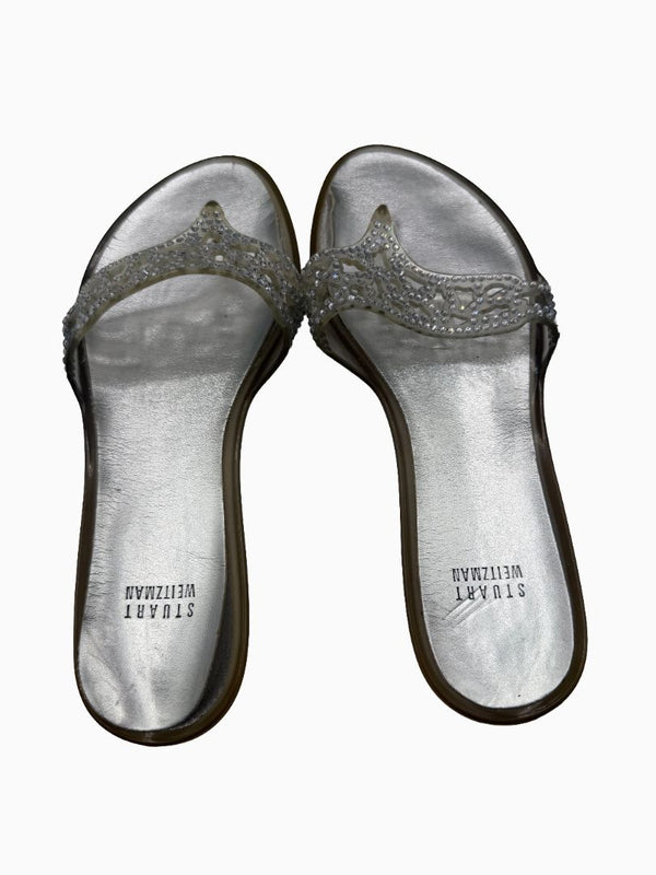 Stuart Weitzman Crystal Jelly Thong Sandals Silver Clear Rhinestone Slides Women's 9