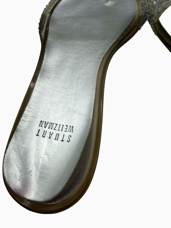 Stuart Weitzman Crystal Jelly Thong Sandals Silver Clear Rhinestone Slides Women's 9