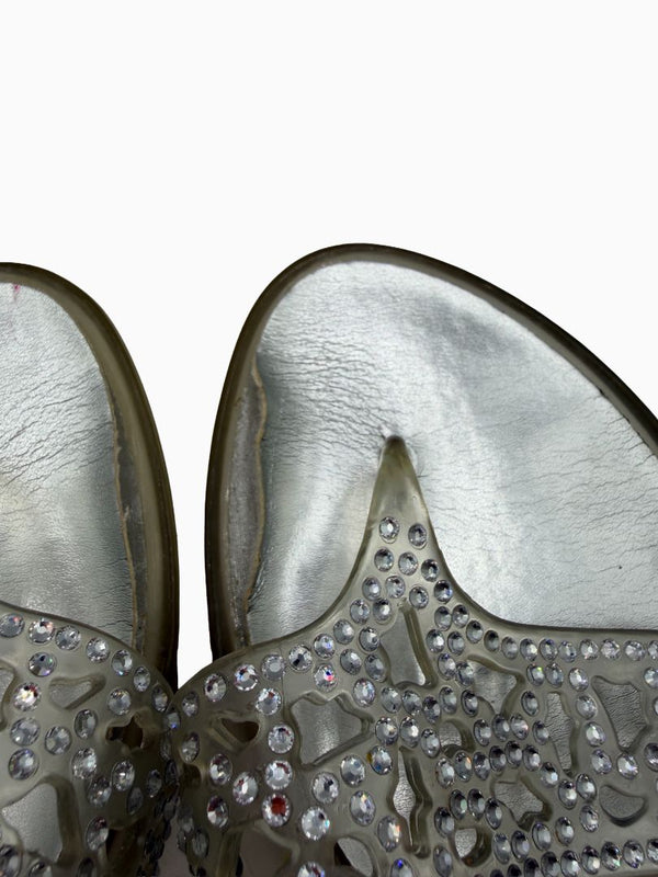 Stuart Weitzman Crystal Jelly Thong Sandals Silver Clear Rhinestone Slides Women's 9