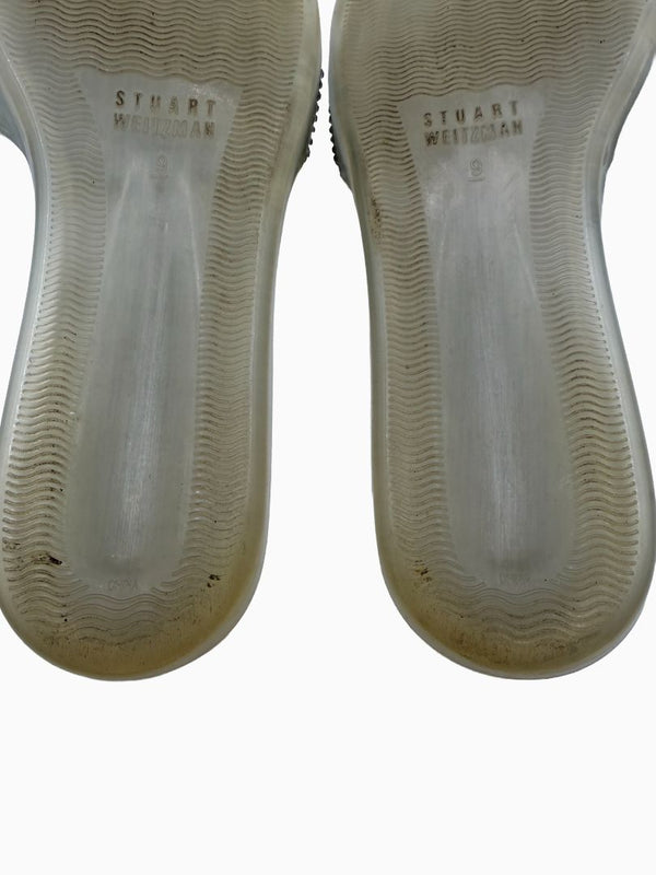 Stuart Weitzman Crystal Jelly Thong Sandals Silver Clear Rhinestone Slides Women's 9