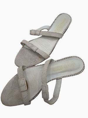 Bottega Veneta White Lizard Embossed Leather Slide Sandals Flat Italy Women's EU 39.5