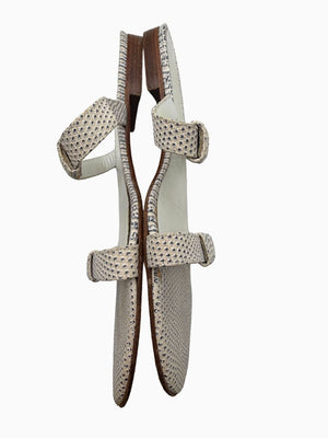 Bottega Veneta White Lizard Embossed Leather Slide Sandals Flat Italy Women's EU 39.5