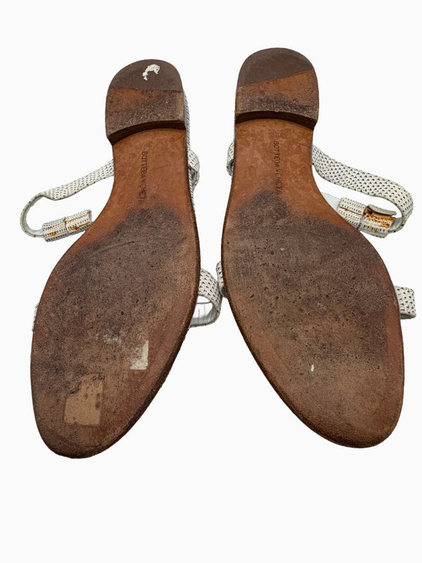 Bottega Veneta White Lizard Embossed Leather Slide Sandals Flat Italy Women's EU 39.5