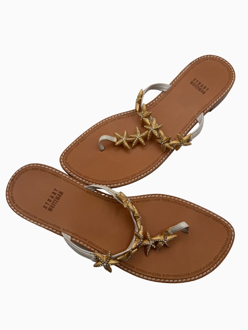 Stuart Weitzman Starfish Sandals Women 9 White Leather Gold Crystal Thong Slide Shoes