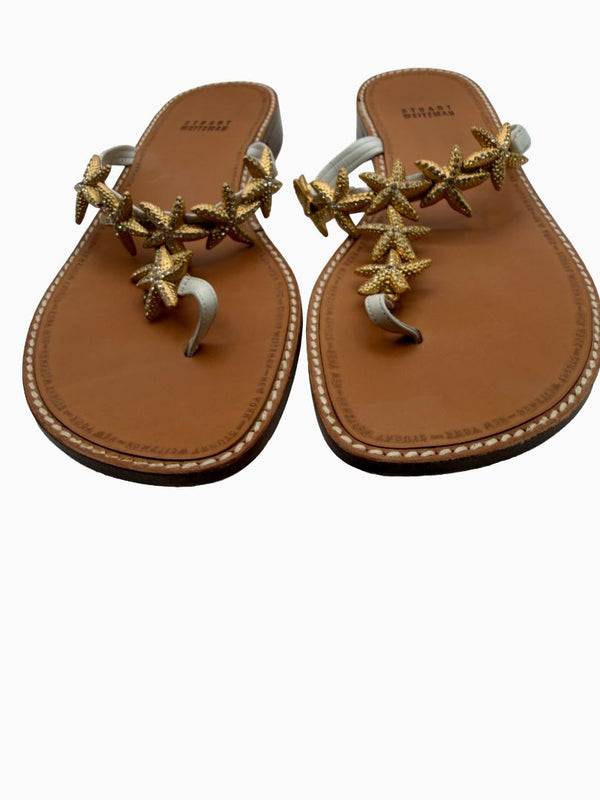 Stuart Weitzman Starfish Sandals Women 9 White Leather Gold Crystal Thong Slide Shoes