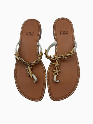 Stuart Weitzman Starfish Sandals Women 9 White Leather Gold Crystal Thong Slide Shoes