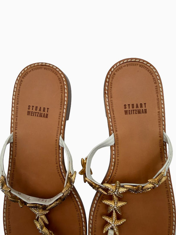 Stuart Weitzman Starfish Sandals Women 9 White Leather Gold Crystal Thong Slide Shoes