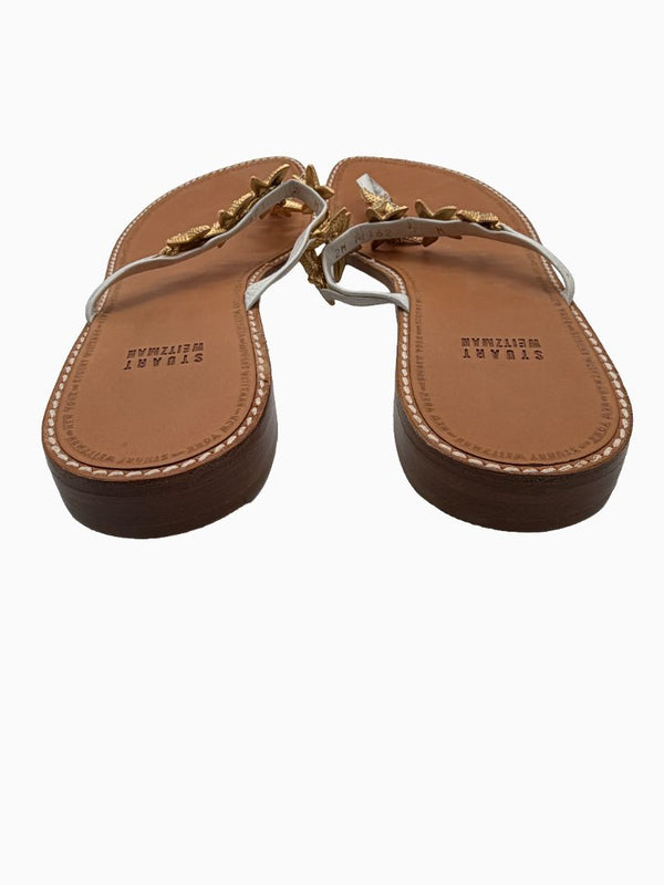 Stuart Weitzman Starfish Sandals Women 9 White Leather Gold Crystal Thong Slide Shoes
