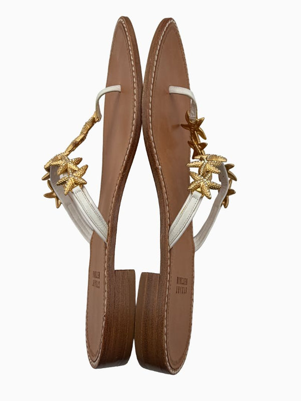Stuart Weitzman Starfish Sandals Women 9 White Leather Gold Crystal Thong Slide Shoes