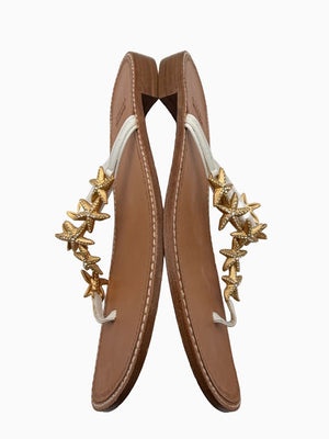 Stuart Weitzman Starfish Sandals Women 9 White Leather Gold Crystal Thong Slide Shoes