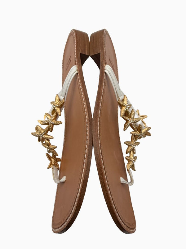 Stuart Weitzman Starfish Sandals Women 9 White Leather Gold Crystal Thong Slide Shoes