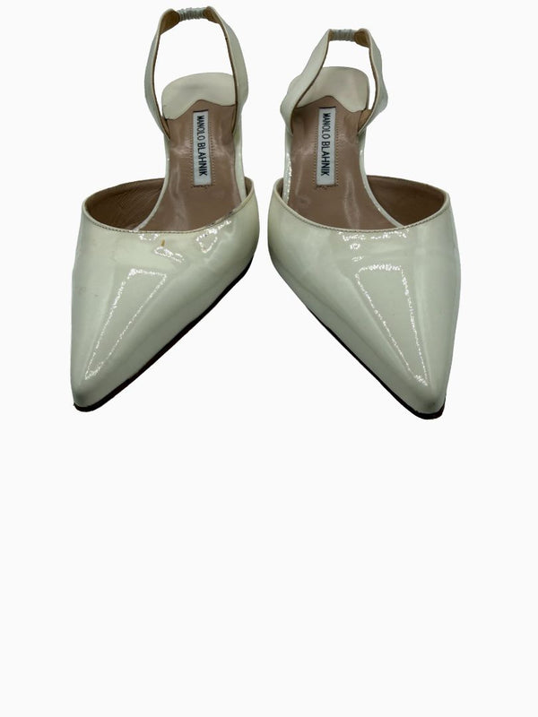 Manolo Blahnik White Patent Leather Slingback Kitten Heel Pumps Pointed Toe EU 39