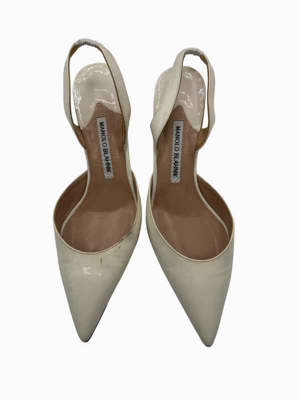 Manolo Blahnik White Patent Leather Slingback Kitten Heel Pumps Pointed Toe EU 39