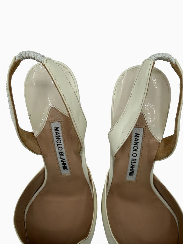 Manolo Blahnik White Patent Leather Slingback Kitten Heel Pumps Pointed Toe EU 39