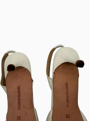 Manolo Blahnik White Patent Leather Slingback Kitten Heel Pumps Pointed Toe EU 39