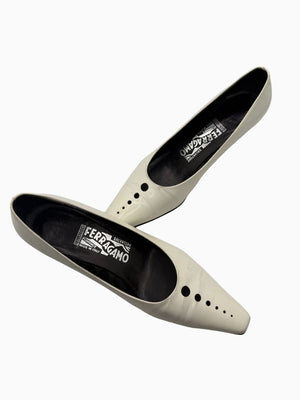 Salvatore Ferragamo Collection White Leather Pointed Toe Kitten Heel Pumps 8.5B Italy