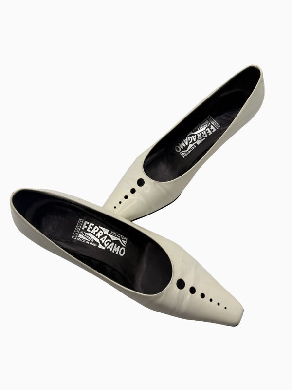 Salvatore Ferragamo Collection White Leather Pointed Toe Kitten Heel Pumps 8.5B Italy