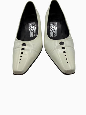 Salvatore Ferragamo Collection White Leather Pointed Toe Kitten Heel Pumps 8.5B Italy