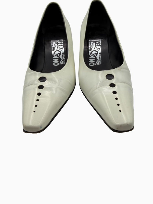Salvatore Ferragamo Collection White Leather Pointed Toe Kitten Heel Pumps 8.5B Italy