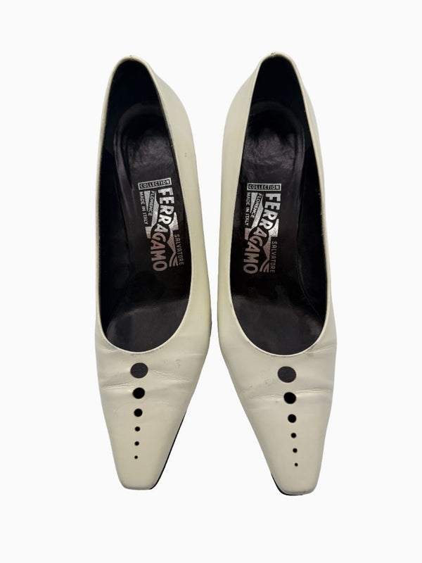 Salvatore Ferragamo Collection White Leather Pointed Toe Kitten Heel Pumps 8.5B Italy