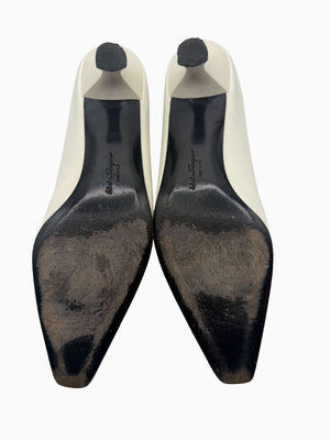 Salvatore Ferragamo Collection White Leather Pointed Toe Kitten Heel Pumps 8.5B Italy