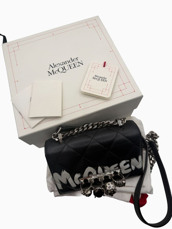Alexander McQueen Jewelled Satchel Crossbody Bag Black Leather Skull Quilt Box