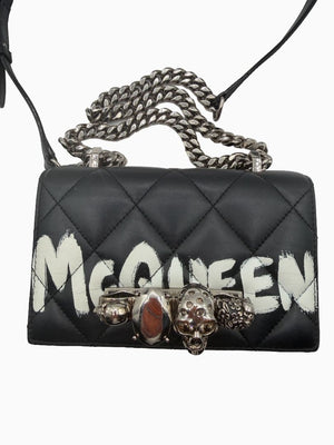 Alexander McQueen Jewelled Satchel Crossbody Bag Black Leather Skull Quilt Box