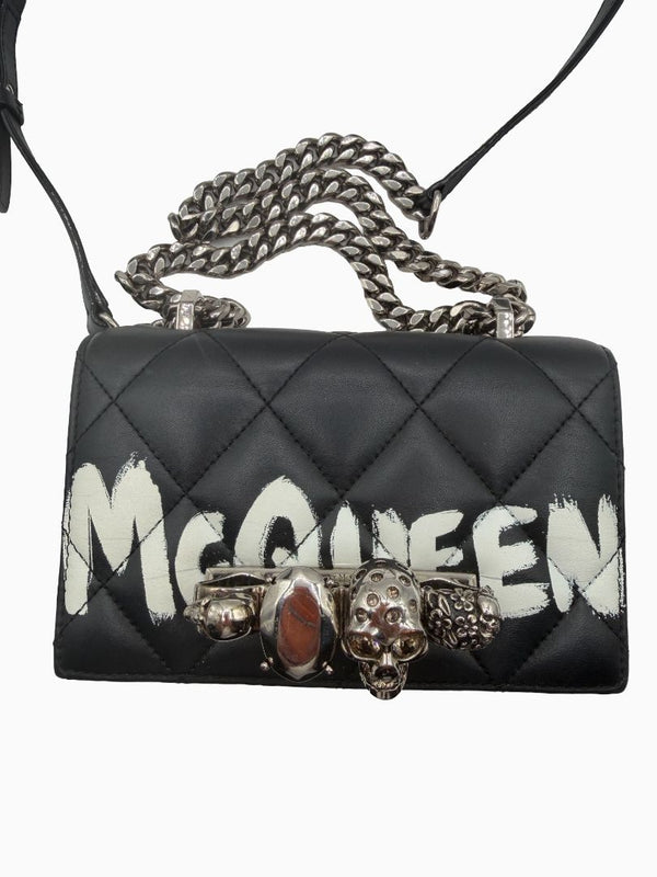 Alexander McQueen Jewelled Satchel Crossbody Bag Black Leather Skull Quilt Box