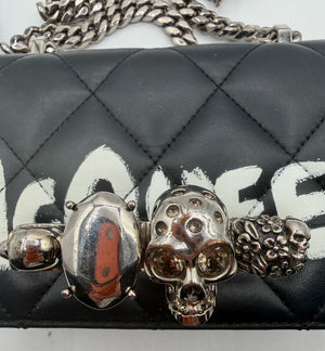 Alexander McQueen Jewelled Satchel Crossbody Bag Black Leather Skull Quilt Box