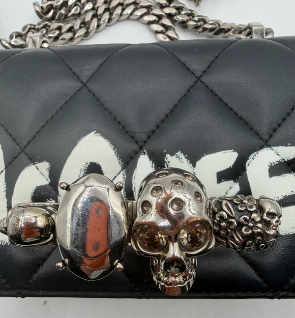 Alexander McQueen Jewelled Satchel Crossbody Bag Black Leather Skull Quilt Box